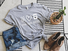 Peace Love Coffee Shirt, Coffee Lover Shirt, Peace Shirt, Coffee Drinker Tee, Coffee Addict Shirt, Gift for Her, Gift for Teacher