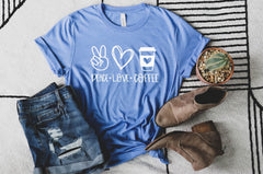 Peace Love Coffee Shirt, Coffee Lover Shirt, Peace Shirt, Coffee Drinker Tee, Coffee Addict Shirt, Gift for Her, Gift for Teacher