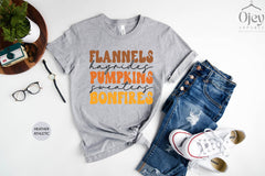Flannels Hayrides Pumpkins Sweaters Bonfires Shirt, Pumpkin Lover T-Shirt, Fall Season Tee, Fall Vibes Outfit, Pumpkin Spice Tee, Fall Lover