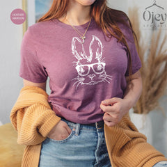 Bunny with Glasses shirt, Easter shirt, Easter bunny Graphic tee, Easter Shirts for Women, Lady Easter Bunny shirt, Rabbit Shirt Pascual Tee