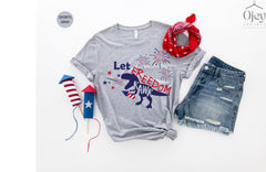 Let Freedom Rawr 4th Of July Kids Shirt, Blue and Red Dinosaur Rawr Shirt for Independence Day, Fourth Of July Themed Unisex Shirt for Kids