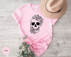 Floral Skull Shirt, Floral Tee, Skull Tee, Day Of The Dead Fashion, Sugar Skull Flower Crown, Halloween Costume, Skull Shirt, Sugar Skull,
