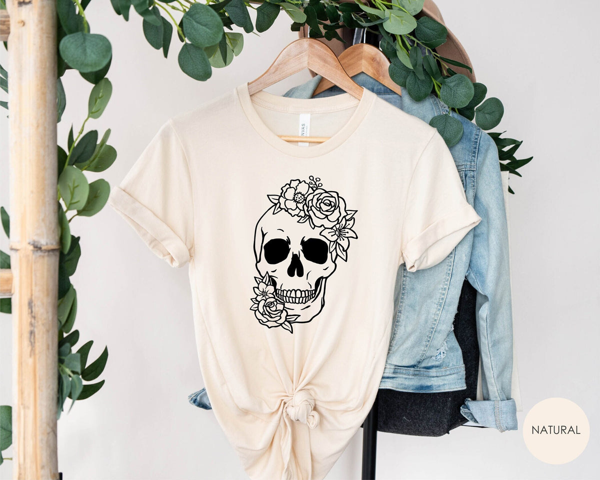 Floral Skull Shirt, Floral Tee, Skull Tee, Day Of The Dead Fashion, Sugar Skull Flower Crown, Halloween Costume, Skull Shirt, Sugar Skull,