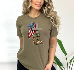 USA Veteran Memorial Cross Shirt, American Flag Boots Shirt for Memorial, Gift for Veteran, Cross Flag and Combat Boots, 4th of July Gifts