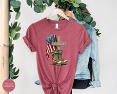 USA Veteran Memorial Cross Shirt, American Flag Boots Shirt for Memorial, Gift for Veteran, Cross Flag and Combat Boots, 4th of July Gifts