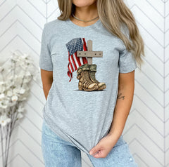 USA Veteran Memorial Cross Shirt, American Flag Boots Shirt for Memorial, Gift for Veteran, Cross Flag and Combat Boots, 4th of July Gifts