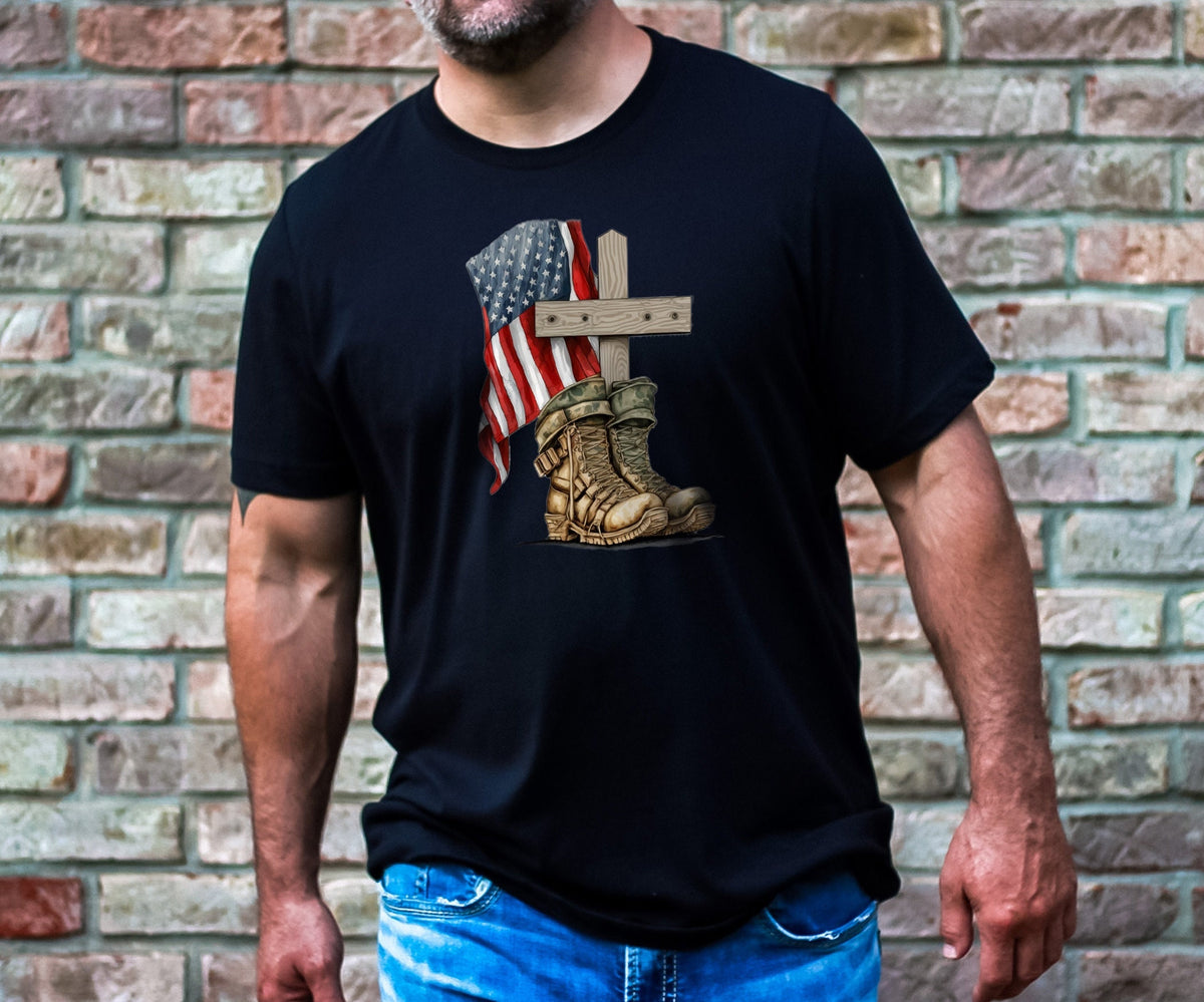 USA Veteran Memorial Cross Shirt, American Flag Boots Shirt for Memorial, Gift for Veteran, Cross Flag and Combat Boots, 4th of July Gifts