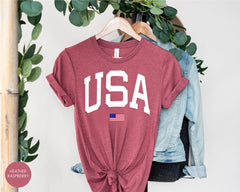 USA Flag Shirt, 4th of July Big USA Shirt with Flag for Adult and Kids, American Flag with USA Unisex Tees, Comfortable Crewneck, V Neck Tee