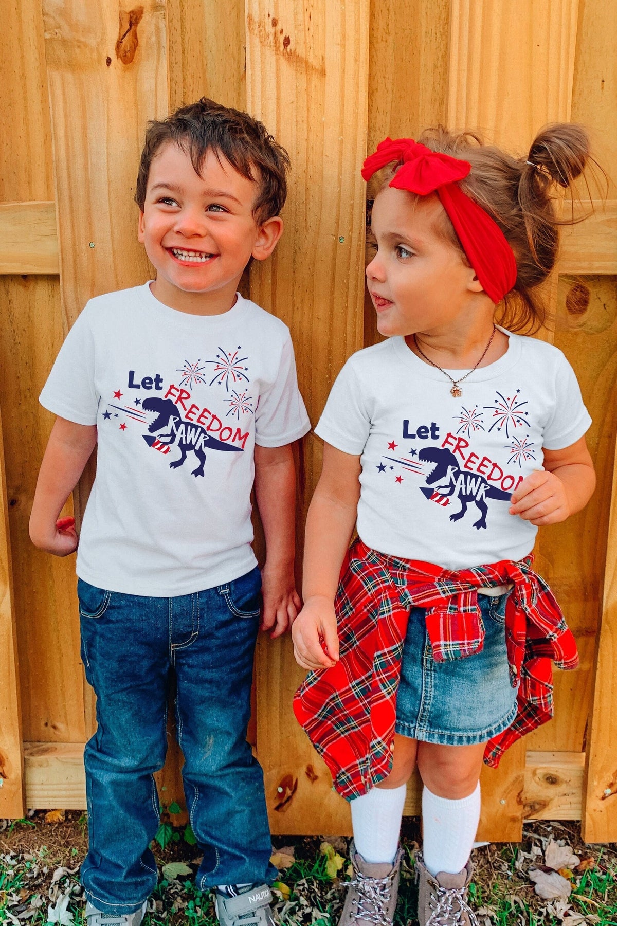 Let Freedom Rawr 4th Of July Kids Shirt, Blue and Red Dinosaur Rawr Shirt for Independence Day, Fourth Of July Themed Unisex Shirt for Kids