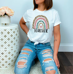 Rainbow Teacher Shirt, Back to School Shirt, Teacher Appreciation Shirt, Gift for Teachers, Leopard Teacher Shirt, Preschool Shirts