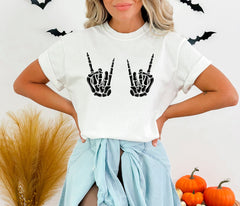Rock On Skeleton Hands Shirt, Halloween Party Outfit, Funny Skeleton Hands on Boobs Shirt, Rock And Roll Sign Shirt, Spooky Season Tee Gift