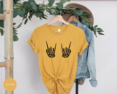 Rock On Skeleton Hands Shirt, Halloween Party Outfit, Funny Skeleton Hands on Boobs Shirt, Rock And Roll Sign Shirt, Spooky Season Tee Gift