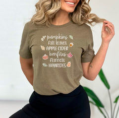 Pumpkins Fall Leaves Apple Cider Bonfires Flannels Hayrides Shirt, Fall Themed T-Shirt, Fall Lover Gift, Flannels Hayrides Tee, Fall Vibes