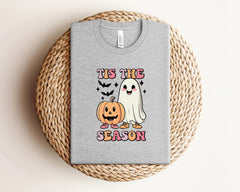Tis The Season Halloween Shirt, Monster Pumpkin and Cute Ghost Crew Tee, Halloween Matching Outfit, Retro Halloween Shirt, Halloween Gift