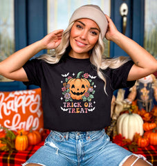 Trick Or Treat Floral Pumpkin Shirt, Pumpkin Patch Tee, Pumpkin Lover Gift, Pumpkin Season Outfit, Halloween Party Shirt, Spooky Season Tee