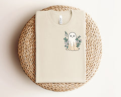 Floral Ghost Halloween Pocket T-Shirt, Minimalist Ghost Tee, Halloween Matching Outfit, Spooky Ghost Shirt, Floral Ghost Tee, Halloween Gift