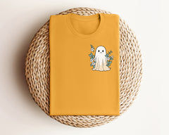 Floral Ghost Halloween Pocket T-Shirt, Minimalist Ghost Tee, Halloween Matching Outfit, Spooky Ghost Shirt, Floral Ghost Tee, Halloween Gift