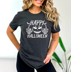 Happy Halloween Rock On Skeleton Hands Shirt, Creepy Face Halloween Tee, Funny Halloween T-Shirt, Spooky Season Outfit, Happy Halloween Tee
