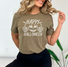 Happy Halloween Rock On Skeleton Hands Shirt, Creepy Face Halloween Tee, Funny Halloween T-Shirt, Spooky Season Outfit, Happy Halloween Tee