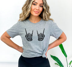 Rock On Skeleton Hands Shirt, Halloween Party Outfit, Funny Skeleton Hands on Boobs Shirt, Rock And Roll Sign Shirt, Spooky Season Tee Gift
