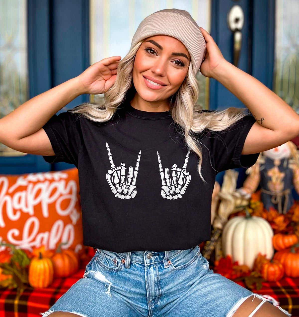 Rock On Skeleton Hands Shirt, Halloween Party Outfit, Funny Skeleton Hands on Boobs Shirt, Rock And Roll Sign Shirt, Spooky Season Tee Gift