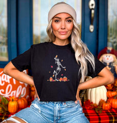 Dancing Skeleton And Pumpkins Shirt, Halloween Themed Shirt for Her, Funny Skeleton T-Shirt, Pumpkin Lover Gift, Unisex Crewneck and V-neck