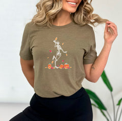Dancing Skeleton And Pumpkins Shirt, Halloween Themed Shirt for Her, Funny Skeleton T-Shirt, Pumpkin Lover Gift, Unisex Crewneck and V-neck