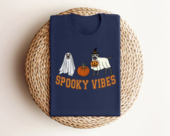 Spooky Vibes Ghosts and Pumpkins Halloween T-Shirt, Halloween Dogs Tee, Pumpkin Lover Gift, Pumpkin Patch Shirt, Halloween Crewneck Shirts