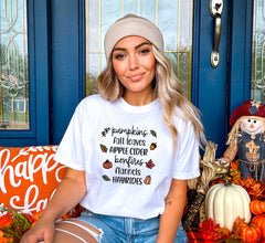 Pumpkins Fall Leaves Apple Cider Bonfires Flannels Hayrides Shirt, Fall Themed T-Shirt, Fall Lover Gift, Flannels Hayrides Tee, Fall Vibes