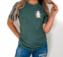 Floral Ghost Halloween Pocket T-Shirt, Minimalist Ghost Tee, Halloween Matching Outfit, Spooky Ghost Shirt, Floral Ghost Tee, Halloween Gift