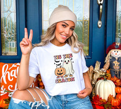 Tis The Season Halloween Shirt, Monster Pumpkin and Cute Ghost Crew Tee, Halloween Matching Outfit, Retro Halloween Shirt, Halloween Gift