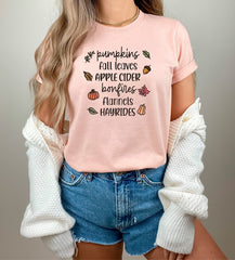 Pumpkins Fall Leaves Apple Cider Bonfires Flannels Hayrides Shirt, Fall Themed T-Shirt, Fall Lover Gift, Flannels Hayrides Tee, Fall Vibes