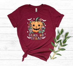 Trick Or Treat Floral Pumpkin Shirt, Pumpkin Patch Tee, Pumpkin Lover Gift, Pumpkin Season Outfit, Halloween Party Shirt, Spooky Season Tee