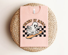 Creep It Real Ghost Riding Skateboard Shirt, Boarding Ghost Tee, Skateboarder Gift, Spooky Season Shirt, Halloween Party Tee, Spooky Vibes