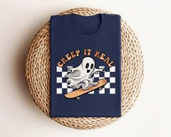 Creep It Real Ghost Riding Skateboard Shirt, Boarding Ghost Tee, Skateboarder Gift, Spooky Season Shirt, Halloween Party Tee, Spooky Vibes