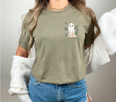 Floral Ghost Halloween Pocket T-Shirt, Minimalist Ghost Tee, Halloween Matching Outfit, Spooky Ghost Shirt, Floral Ghost Tee, Halloween Gift