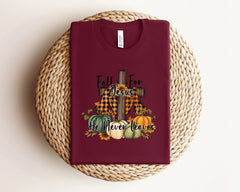 Fall For Jesus He Never Leaves T-Shirt, Jesus Shirt, Religious Fall Outfit, Faith Tee, Fall Cross T-Shirt, Bible Verse Shirt, Cute Fall Gift
