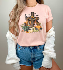 Fall For Jesus He Never Leaves T-Shirt, Jesus Shirt, Religious Fall Outfit, Faith Tee, Fall Cross T-Shirt, Bible Verse Shirt, Cute Fall Gift