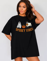 Spooky Vibes Ghosts and Pumpkins Halloween T-Shirt, Halloween Dogs Tee, Pumpkin Lover Gift, Pumpkin Patch Shirt, Halloween Crewneck Shirts