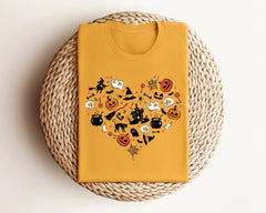 Halloween Doodles Heart T-Shirt, Vintage Halloween Tee, Pumpkin Patch Shirt, Pumpkin Season Tee, Mother Halloween Gift, Cute Halloween Shirt