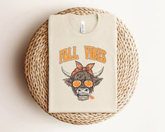 Fall Vibes Cow T-Shirt, Highland Cow Fall Shirt, Fall Vibes Crewneck, Cow Lover Gift, Vintage Fall Tee, Western Cow Shirt, Fall Season Tee