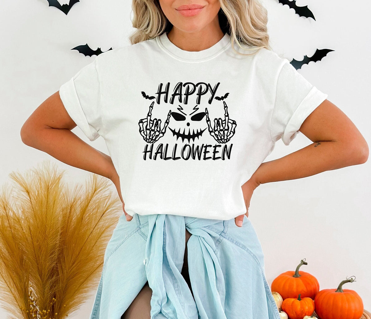 Happy Halloween Rock On Skeleton Hands Shirt, Creepy Face Halloween Tee, Funny Halloween T-Shirt, Spooky Season Outfit, Happy Halloween Tee