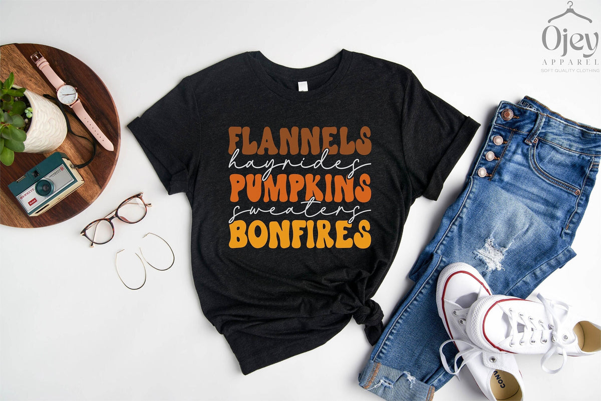 Flannels Hayrides Pumpkins Sweaters Bonfires Shirt, Pumpkin Lover T-Shirt, Fall Season Tee, Fall Vibes Outfit, Pumpkin Spice Tee, Fall Lover