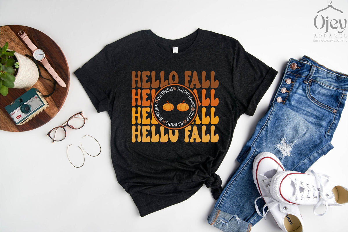 Hello Fall Pumpkins Shirt, Fall Lover Shirts, Cute Fall T-Shirt, Autumn Tee, Welcome Fall Shirt, Pumpkin Patch Outfit, Pumpkin Lover T-Shirt