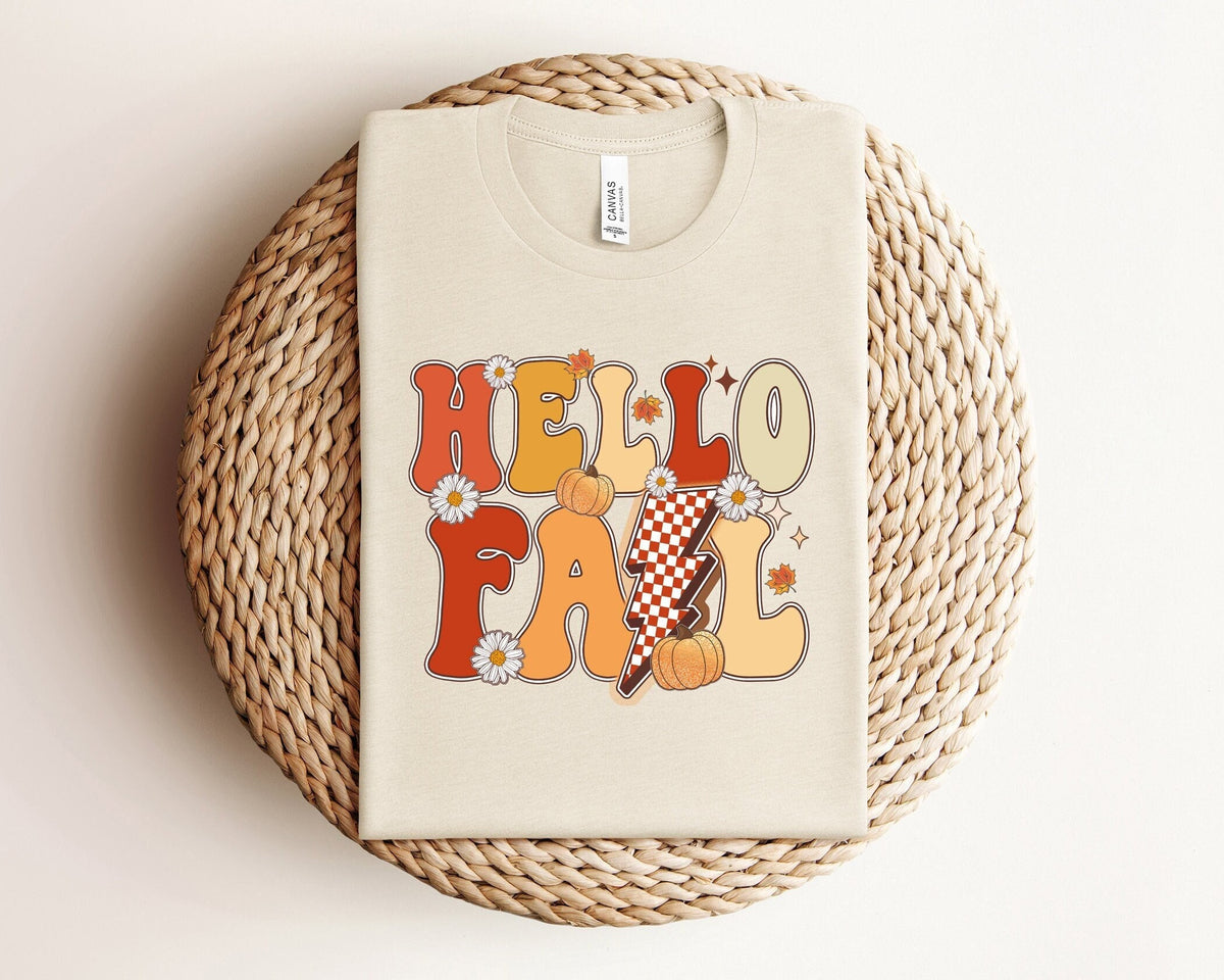 Hello Fall Lightning Bolt T-Shirt, Vintage Fall Shirt, Fall Season Tee, Hello Fall Shirt, Pumpkin Patch Tee, Women's Fall Apparel, Fall Gift
