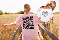 God Is Greater Than The Highs And Lows Shirt, Two Sided T-Shirt, Groovy Christian Shirt, Bible Verse Shirt, Religious Clothes, Church Gift