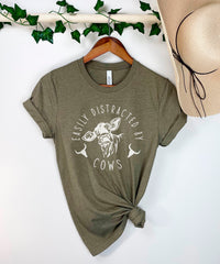 Easily Distracted By Cows Shirt, Funny Cow T-Shirt, Farm Animal Shirt, Farm Life T-Shirt, Humorous Saying Tee, Country Shirt, Cow Lover Gift