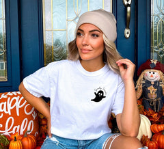Spooky Season Ghost Pocket Shirt, Boo T-Shirt, Spooky Vibes Clothing, Minimalist Shirt, Spooky Ghost Halloween Tee, Halloween Gift for Her