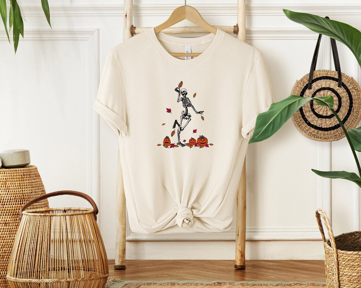 Dancing Skeleton And Pumpkins Shirt, Halloween Themed Shirt for Her, Funny Skeleton T-Shirt, Pumpkin Lover Gift, Unisex Crewneck and V-neck