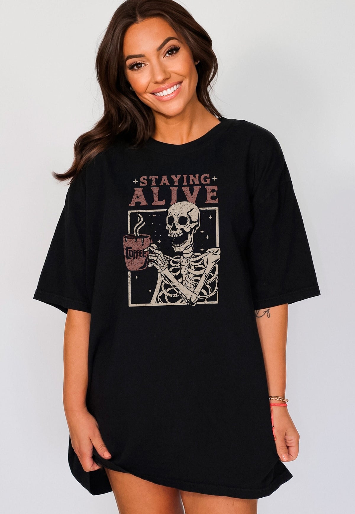 Staying Alive Shirt, Skeleton Coffee T-Shirt, Funny Skeleton T-Shirt, Coffee Lover Gift, Funny Coffee T-Shirt, Skull Coffee Tee